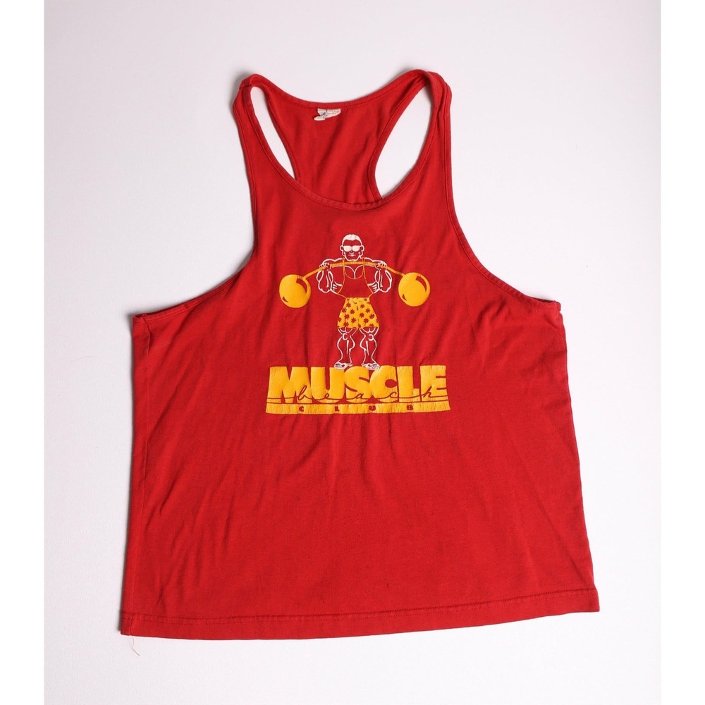 Vintage 70s Muscle Beach Club Tank Top Red Graphic Stringer Racerback Mens Large